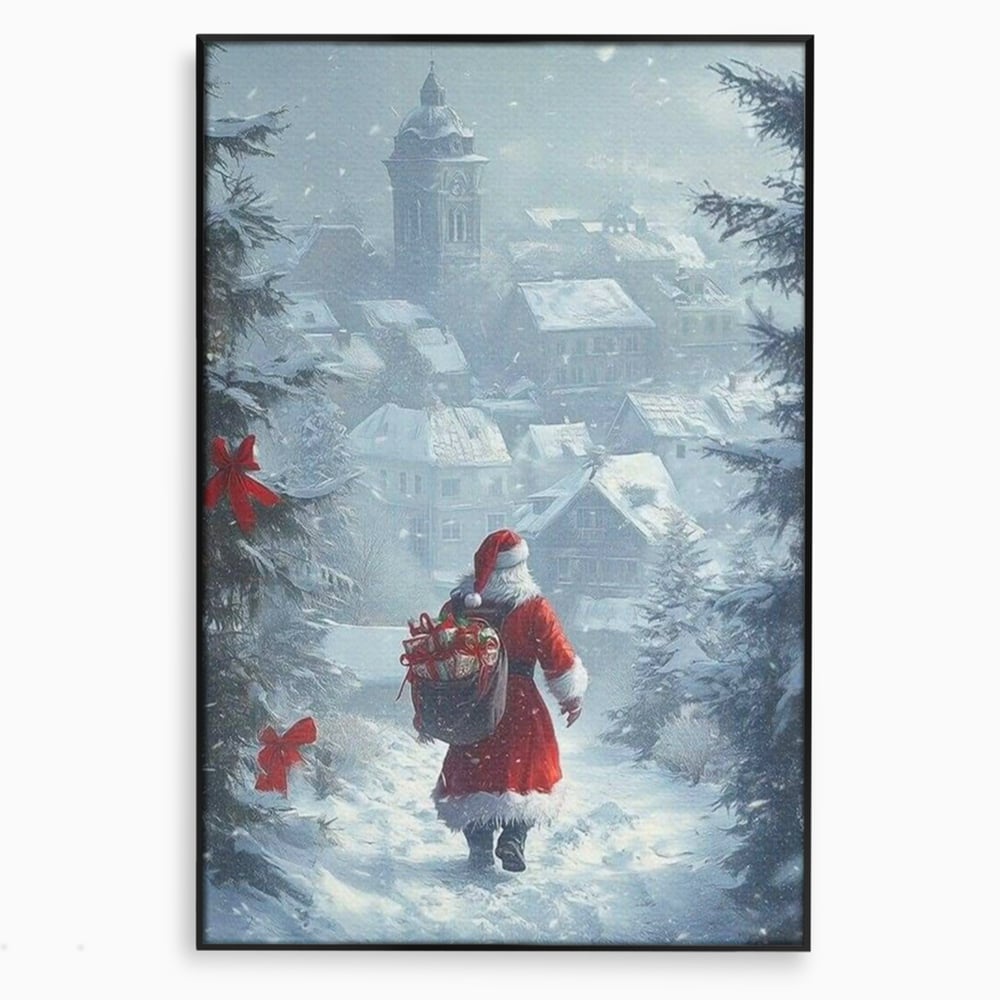Tablou canvas cu mos craciun pe carare spre sat, in rama de aluminiu negru