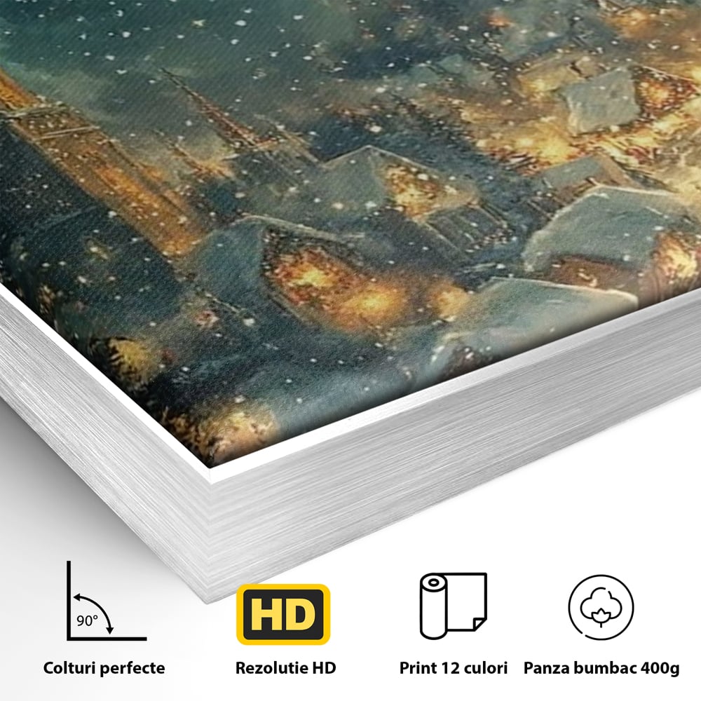 Detaliu al suprafetei: tablou canvas cu mos craciun in sanie, in rama de aluminiu argintiu