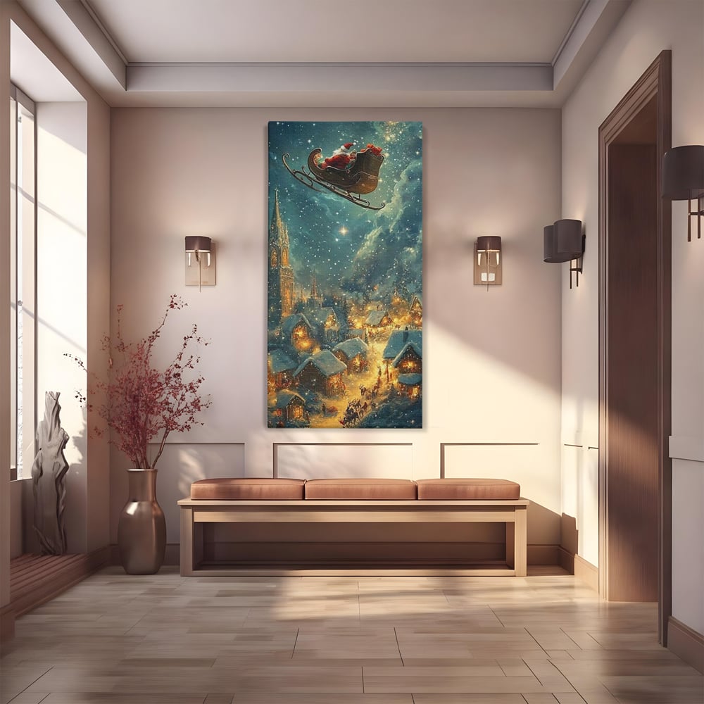 Tablou canvas cu tablou canvas cu mos craciun in sanie, fara rama, pe sasiu de lemn