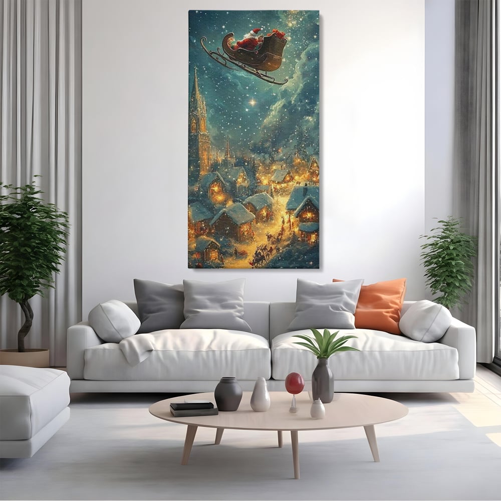 Tablou canvas cu tablou canvas cu mos craciun in sanie, fara rama, pe sasiu de lemn, pe perete intr-un living
