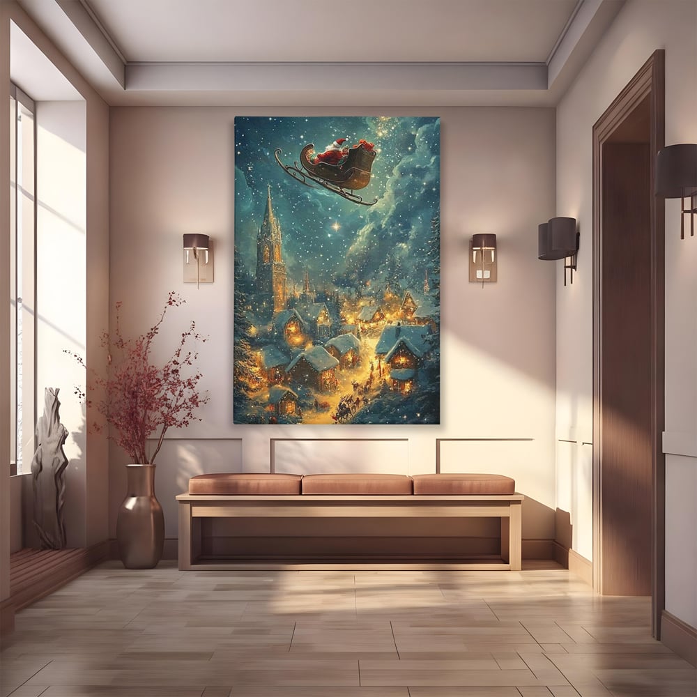 Tablou canvas cu tablou canvas cu mos craciun in sanie, fara rama, pe sasiu de lemn