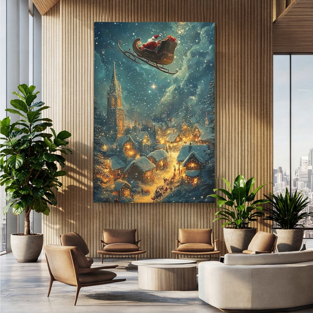 Tablou canvas cu tablou canvas cu mos craciun in sanie, fara rama, pe sasiu de lemn, pe perete intr-un birou