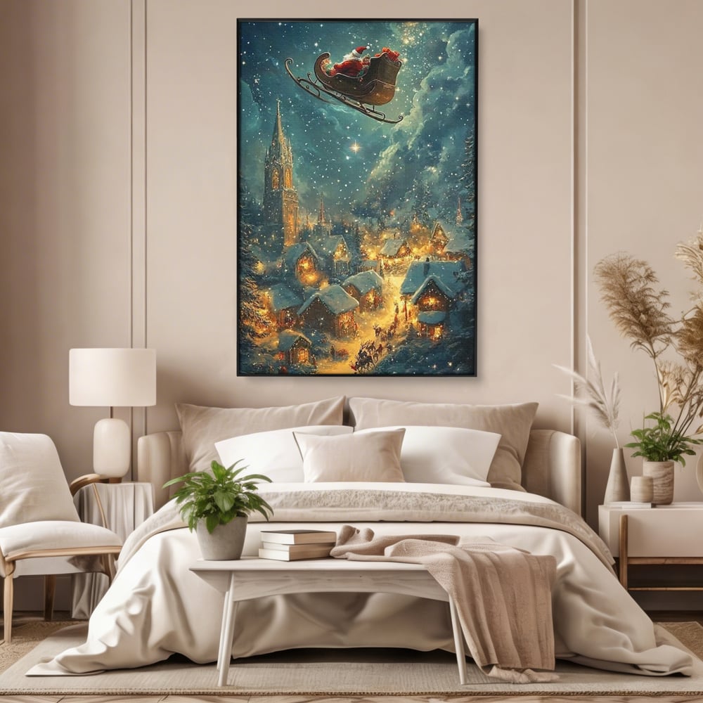 Tablou canvas cu tablou canvas cu mos craciun in sanie, in rama de aluminiu negru, pe perete intr-un dormitor
