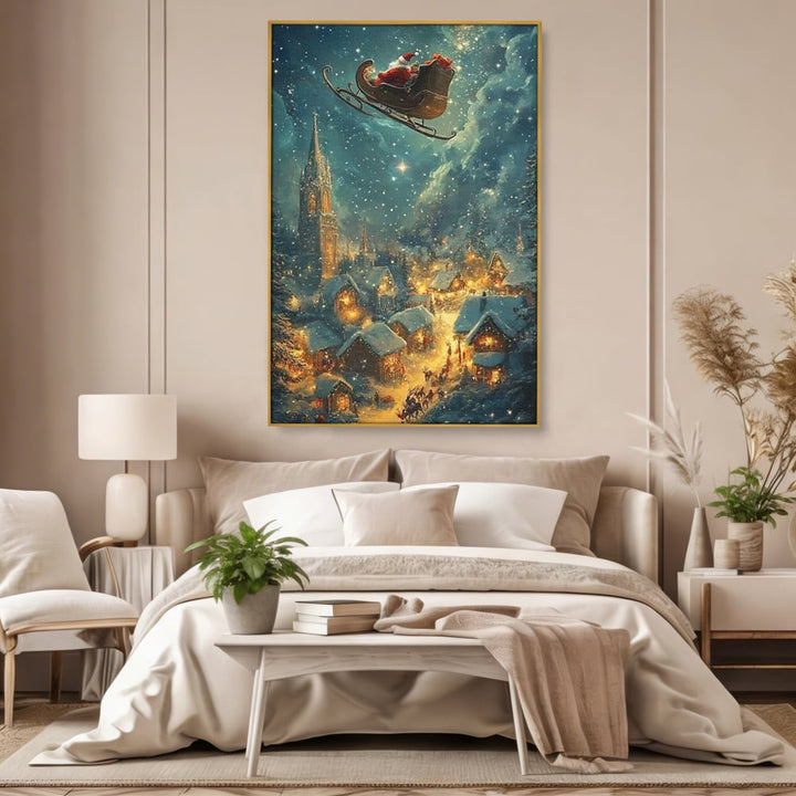 Tablou canvas cu tablou canvas cu mos craciun in sanie, in rama de aluminiu auriu, pe perete intr-un dormitor