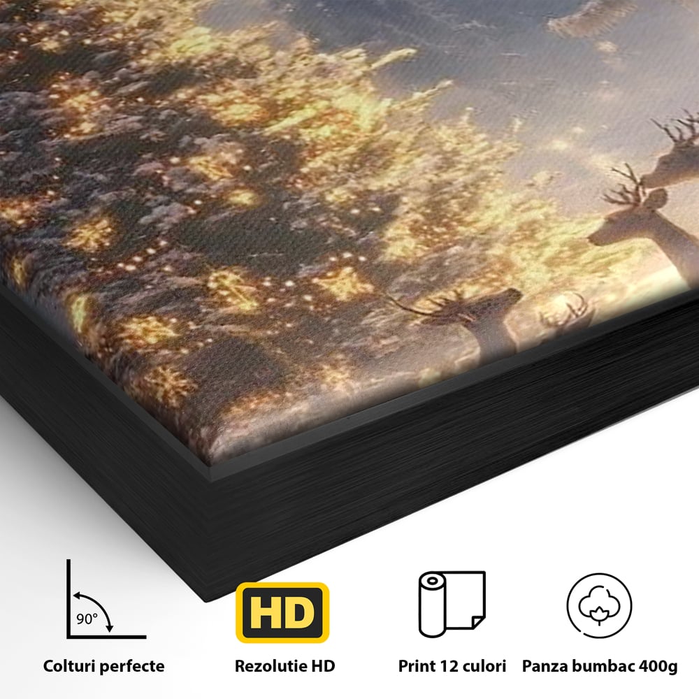 Detaliu al suprafetei: tablou canvas cu cerbi in noaptea de craciun, in rama de aluminiu negru