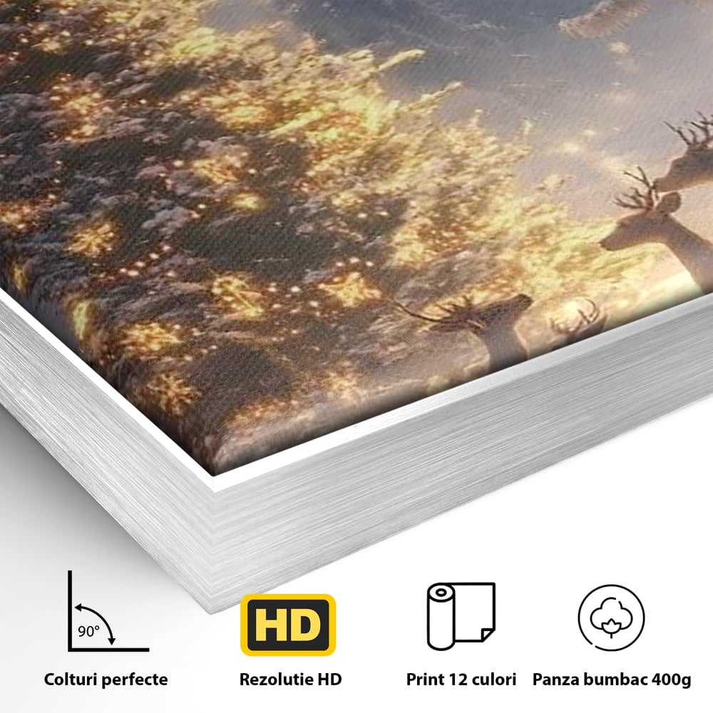 Detaliu al suprafetei: tablou canvas cu cerbi in noaptea de craciun, in rama de aluminiu argintiu