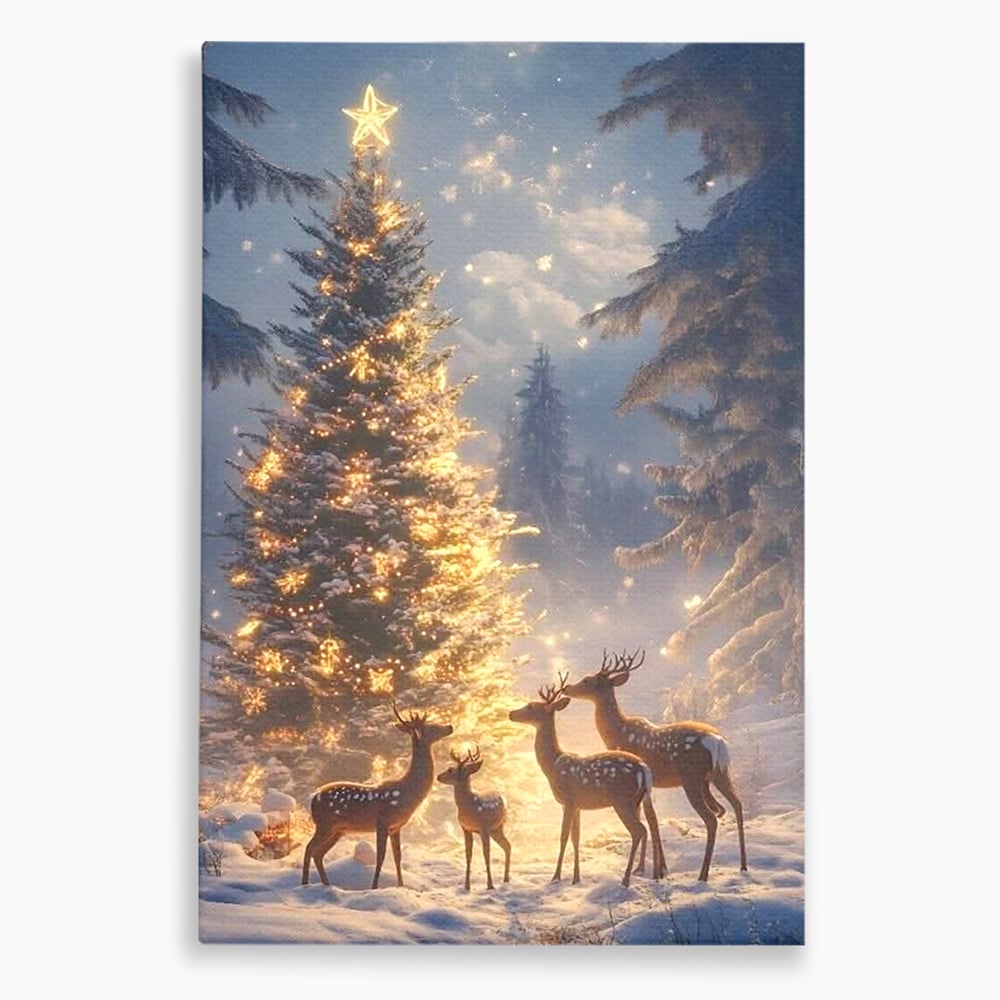 Tablou canvas cu tablou canvas cu cerbi in noaptea de craciun, fara rama, pe sasiu de lemn
