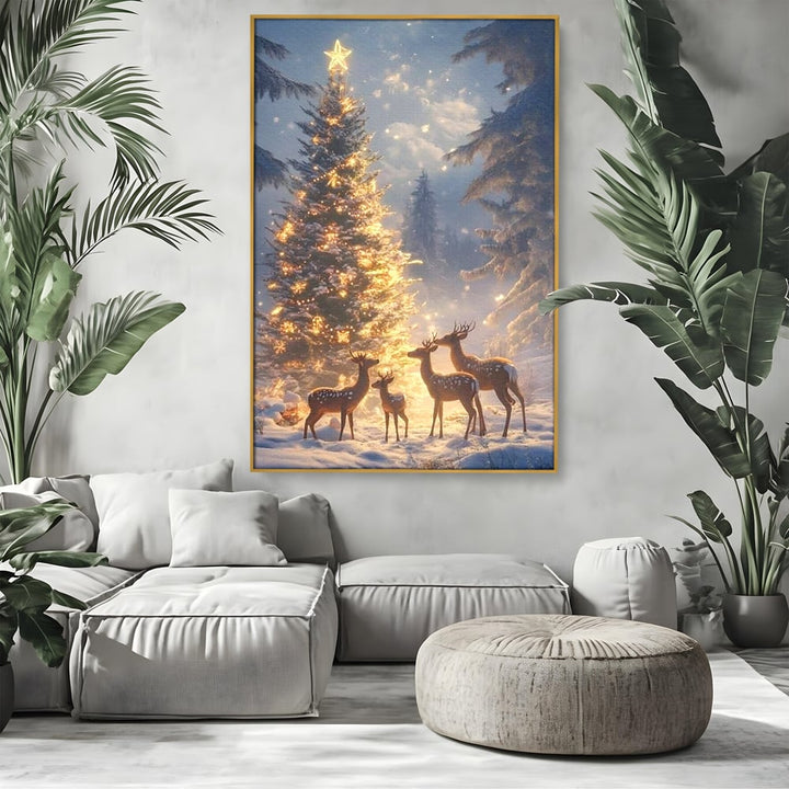 Tablou canvas cu tablou canvas cu cerbi in noaptea de craciun, in rama de aluminiu auriu, pe perete intr-un living