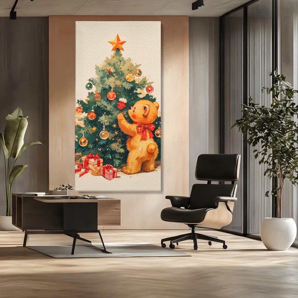 Tablou canvas cu ilustratie cu ursulet si brad de craciun, fara rama, pe sasiu de lemn, pe perete intr-un birou