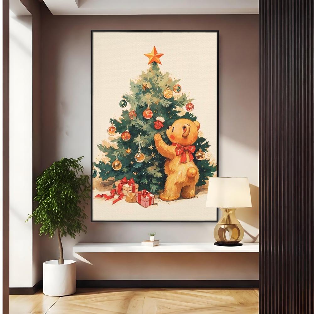 Tablou canvas cu ilustratie cu ursulet si brad de craciun, in rama de aluminiu negru