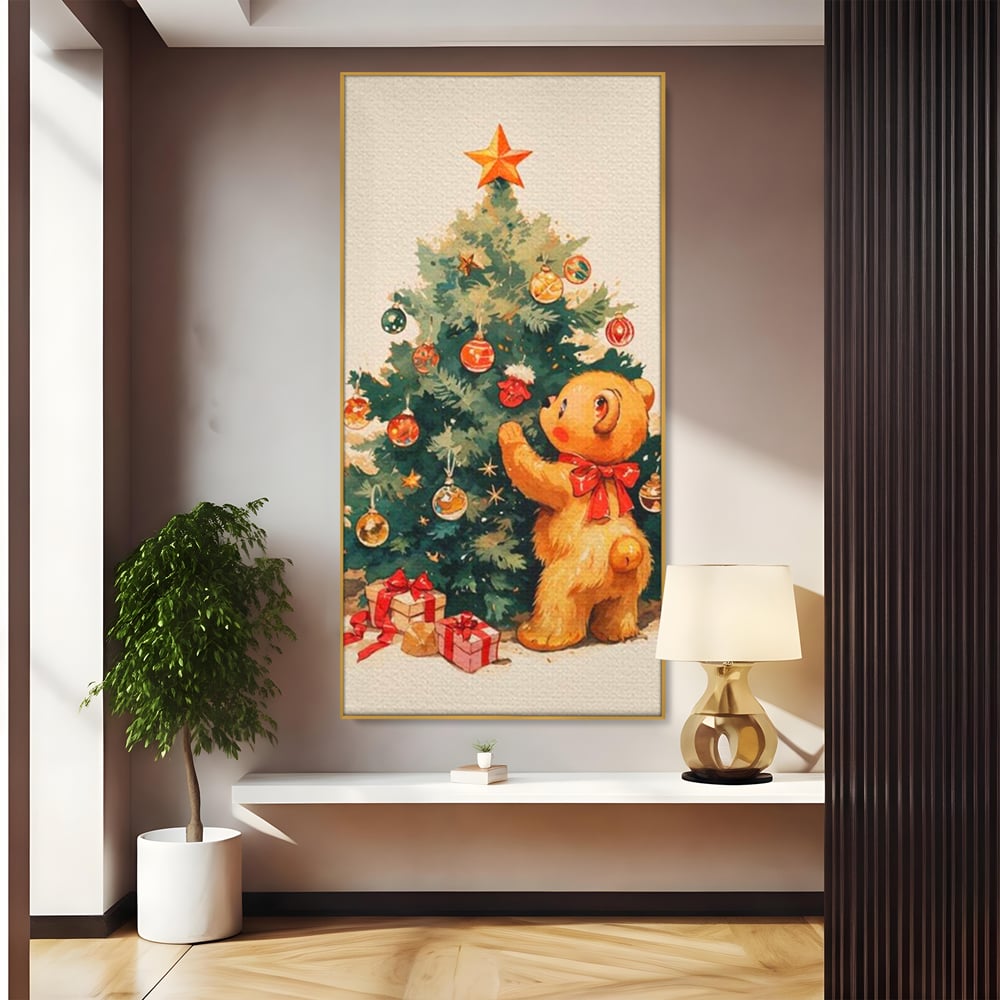 Tablou canvas cu ilustratie cu ursulet si brad de craciun, in rama de aluminiu auriu
