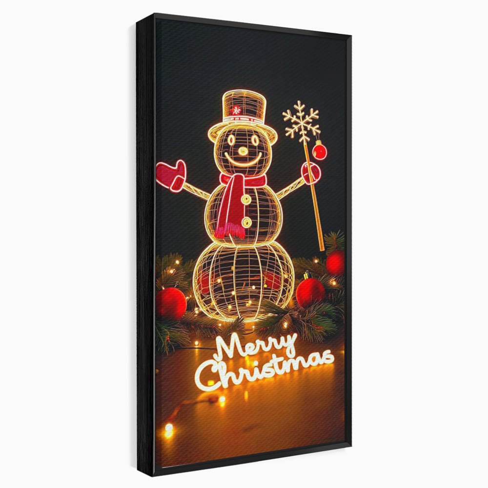 Tablou canvas cu ilustratie cu om de zapada luminos, in rama de aluminiu negru
