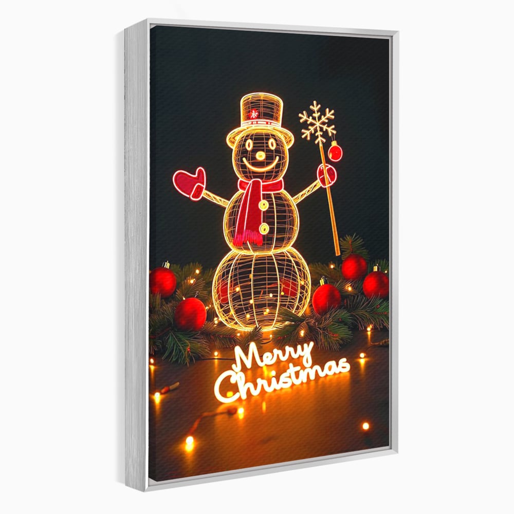 Tablou canvas cu ilustratie cu om de zapada luminos, in rama de aluminiu argintiu