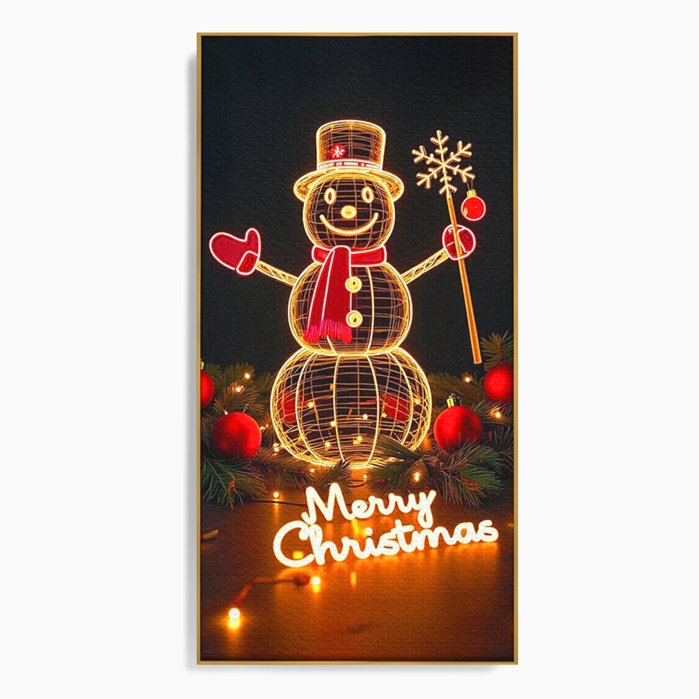 Tablou canvas cu ilustratie cu om de zapada luminos, in rama de aluminiu auriu