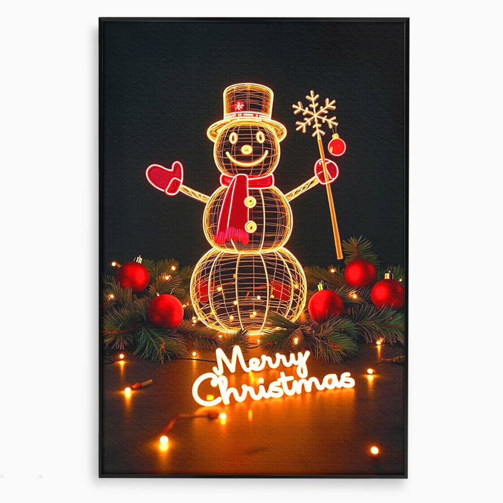 Tablou canvas cu ilustratie cu om de zapada luminos, in rama de aluminiu negru