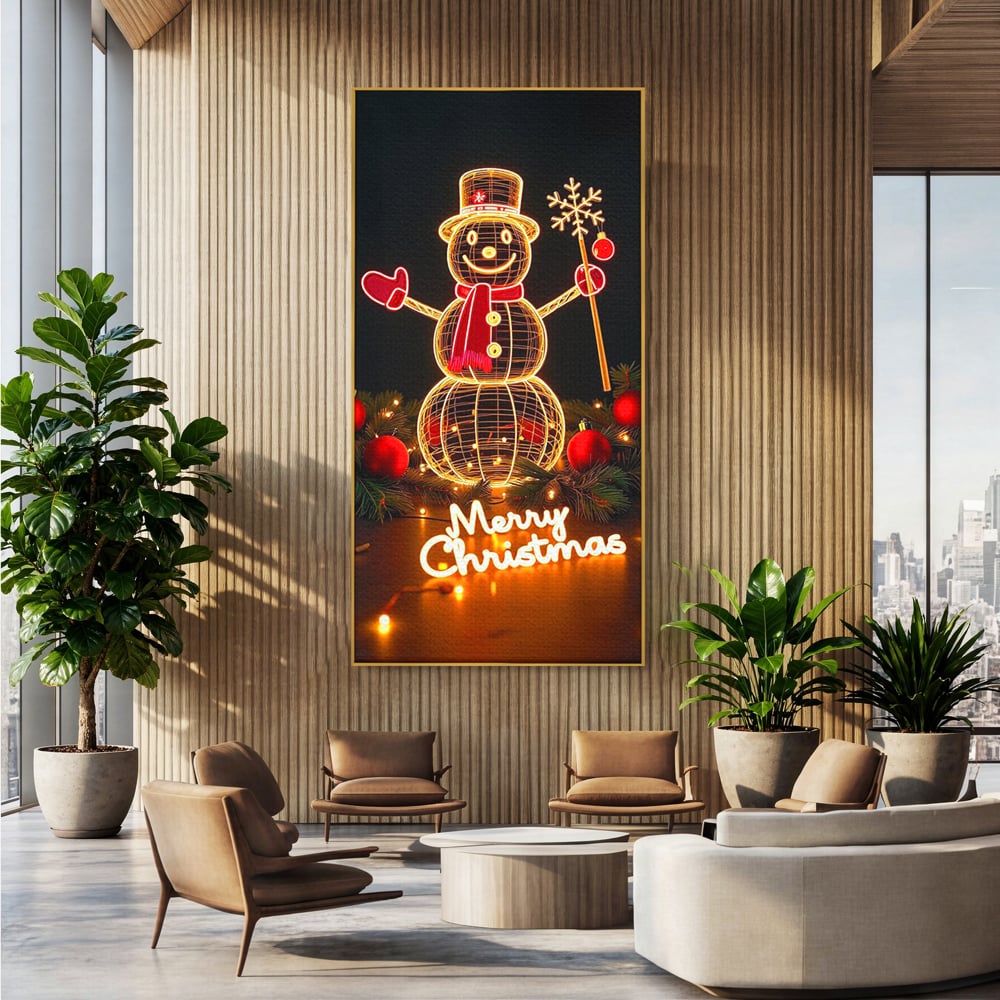 Tablou canvas cu ilustratie cu om de zapada luminos, in rama de aluminiu auriu, pe perete intr-un birou