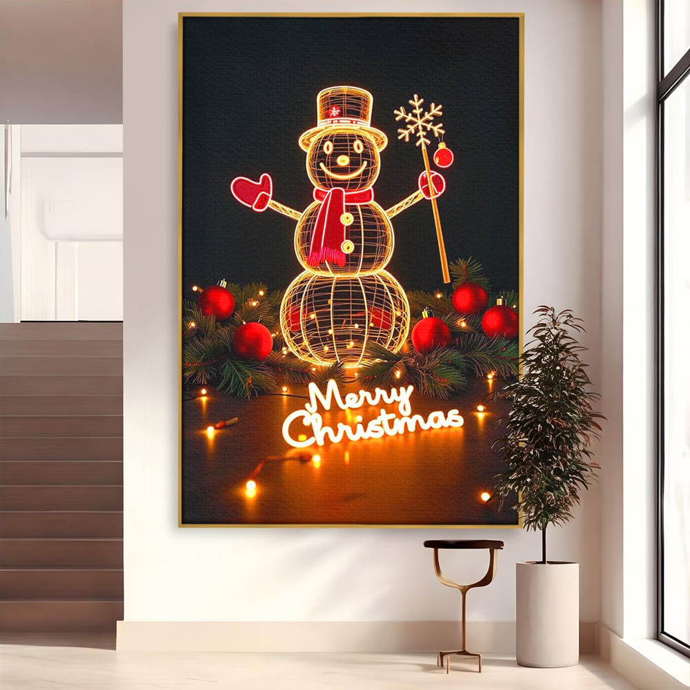 Tablou canvas cu ilustratie cu om de zapada luminos, in rama de aluminiu auriu