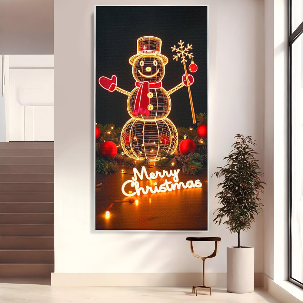 Tablou canvas cu ilustratie cu om de zapada luminos, in rama de aluminiu argintiu