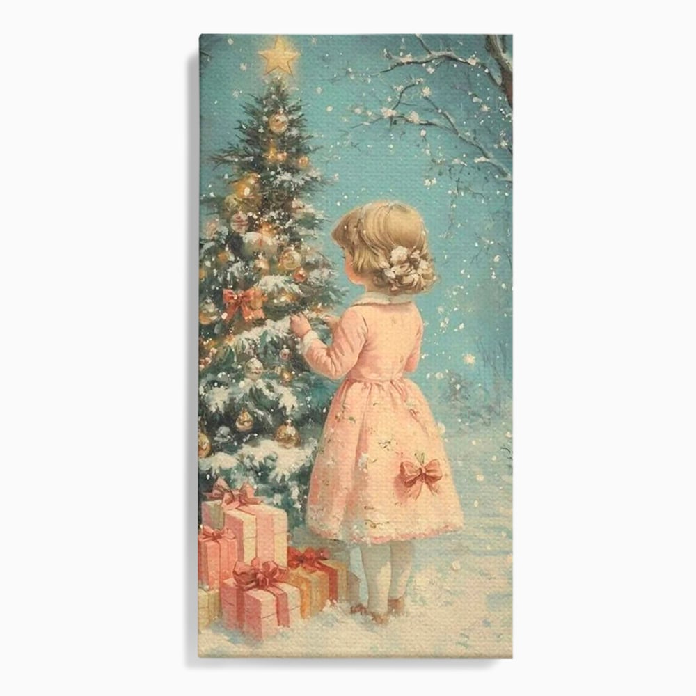 Tablou canvas cu ilustratie retro cu fetita langa bradul de craciun, fara rama, pe sasiu de lemn