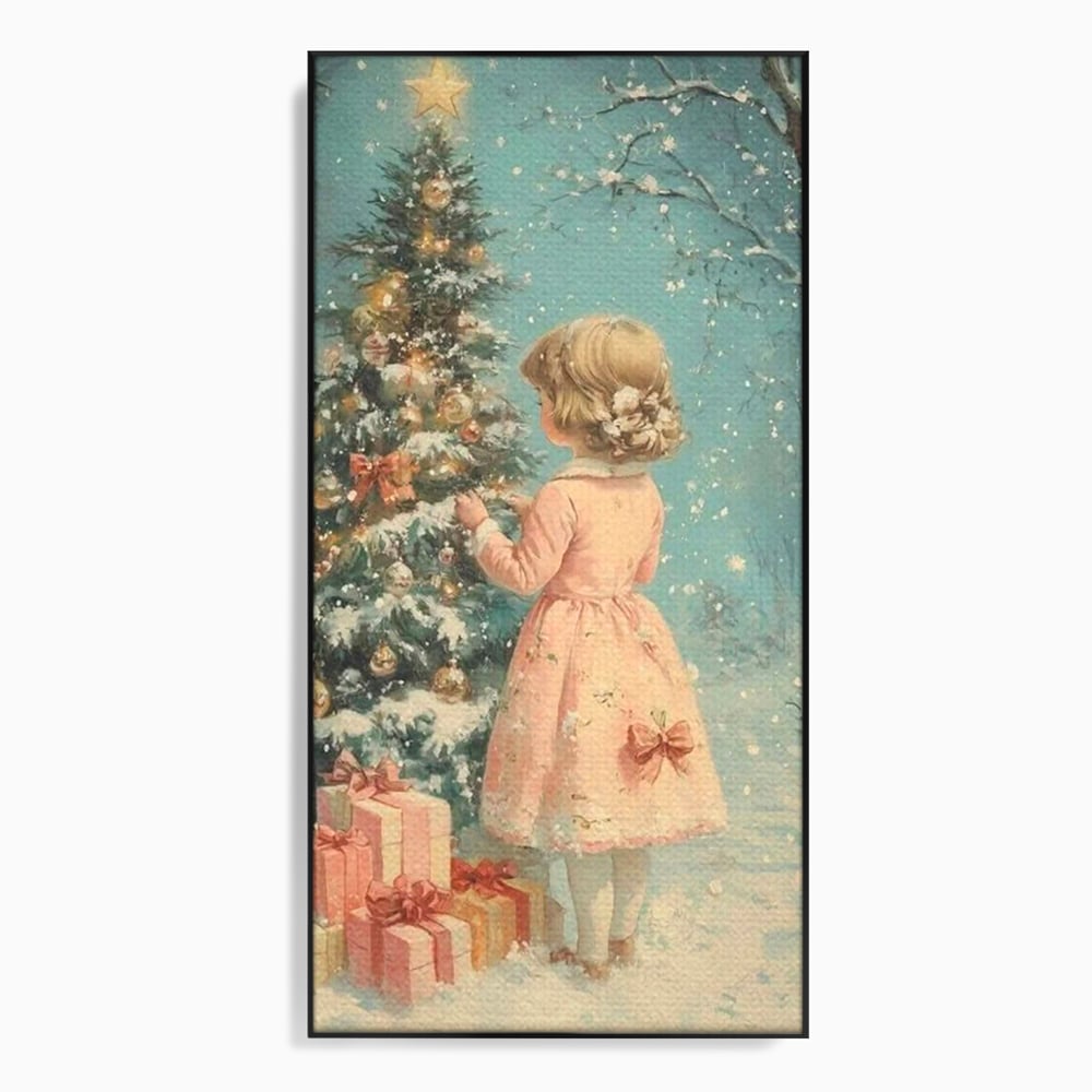 Tablou canvas cu ilustratie retro cu fetita langa bradul de craciun, in rama de aluminiu negru