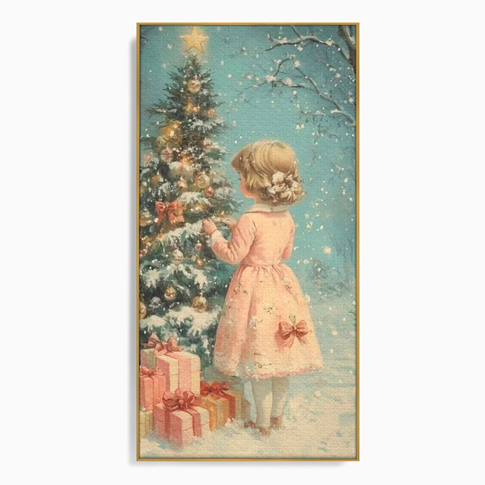 Tablou canvas cu ilustratie retro cu fetita langa bradul de craciun, in rama de aluminiu auriu