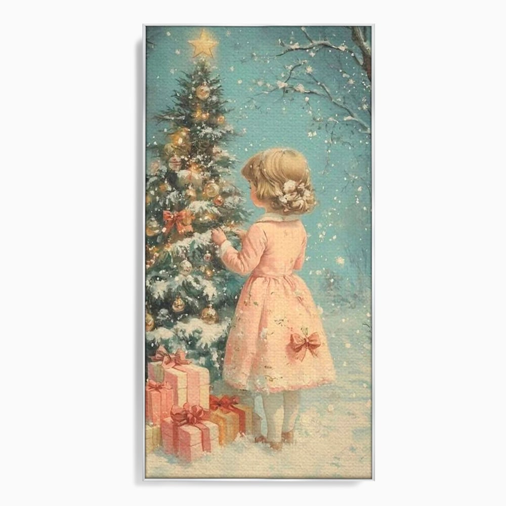 Tablou canvas cu ilustratie retro cu fetita langa bradul de craciun, in rama de aluminiu argintiu