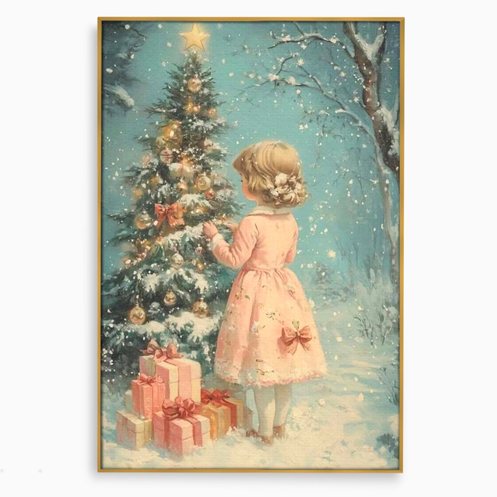 Tablou canvas cu ilustratie retro cu fetita langa bradul de craciun, in rama de aluminiu auriu