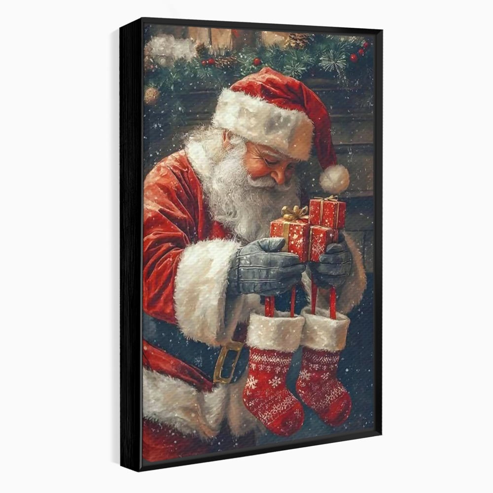 Tablou canvas cu ilustratie cu mos craciun tinand cadouri, in rama de aluminiu negru