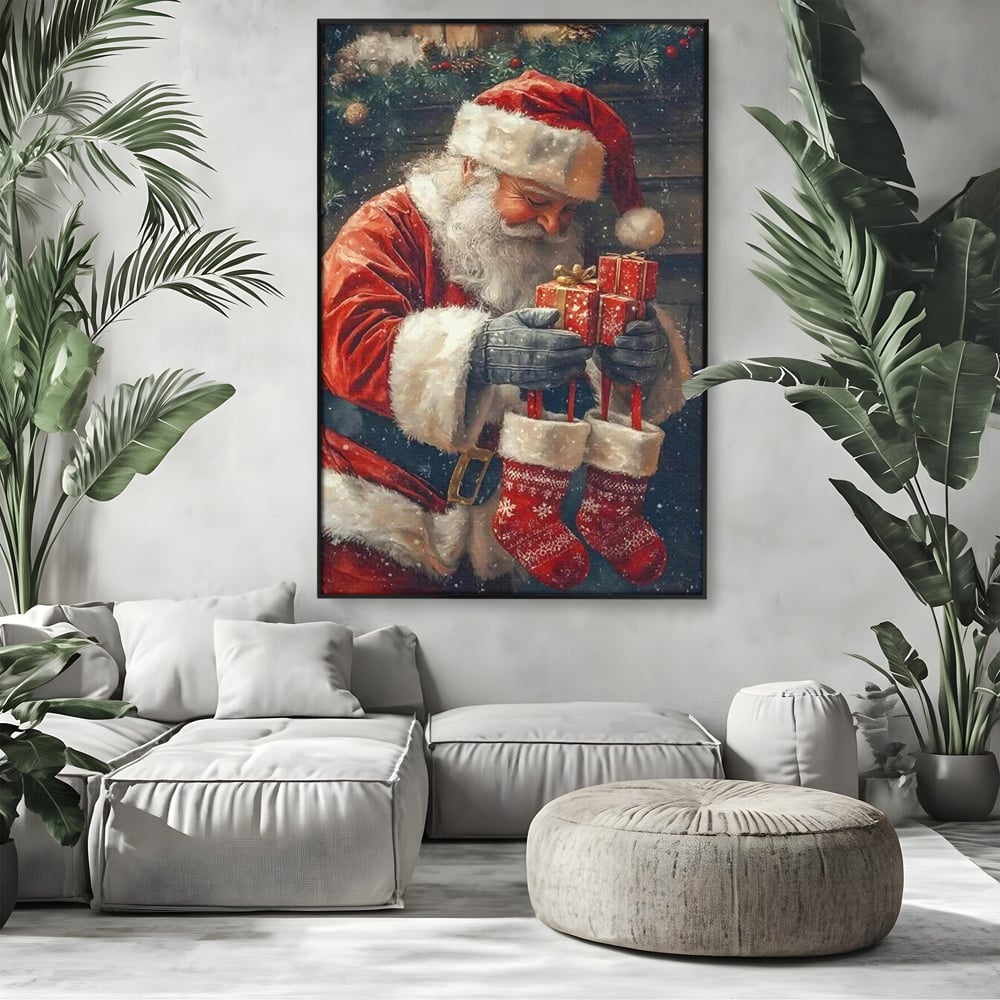 Tablou canvas cu ilustratie cu mos craciun tinand cadouri, in rama de aluminiu negru, pe perete intr-un living