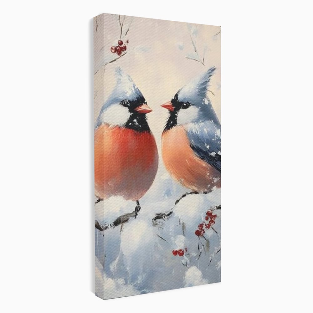 Tablou canvas cu tablou canvas cu doi pasari cardinali in iarna, fara rama, pe sasiu de lemn