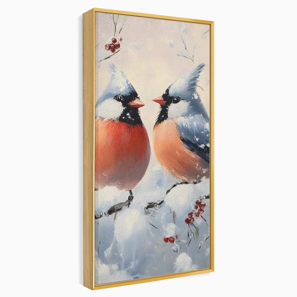 Tablou canvas cu tablou canvas cu doi pasari cardinali in iarna, in rama de aluminiu auriu