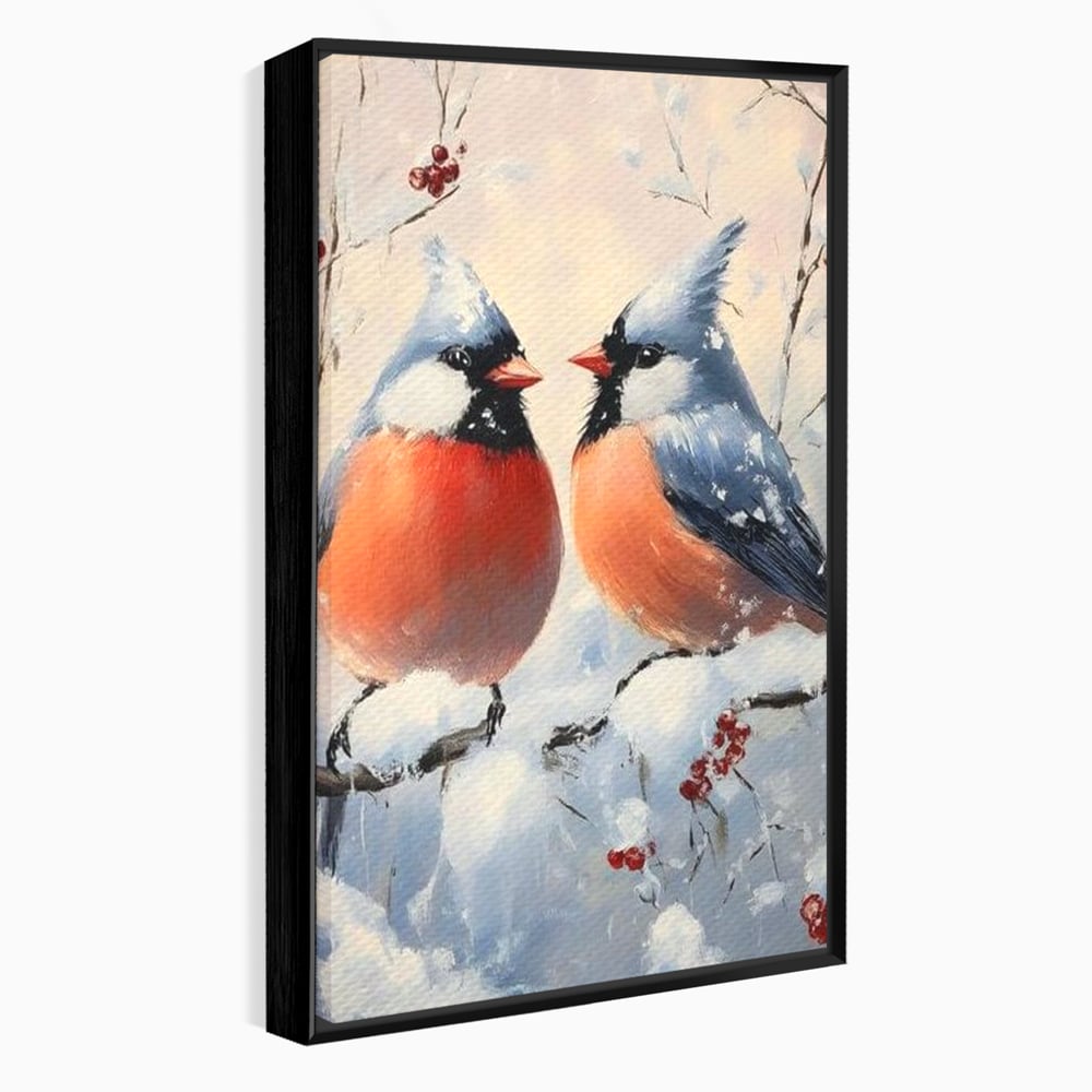 Tablou canvas cu tablou canvas cu doi pasari cardinali in iarna, in rama de aluminiu negru