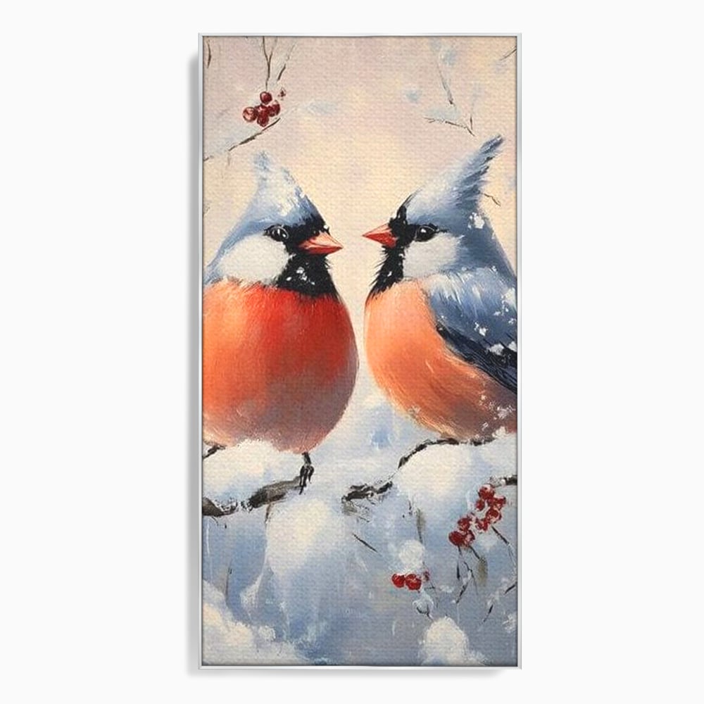 Tablou canvas cu tablou canvas cu doi pasari cardinali in iarna, in rama de aluminiu argintiu