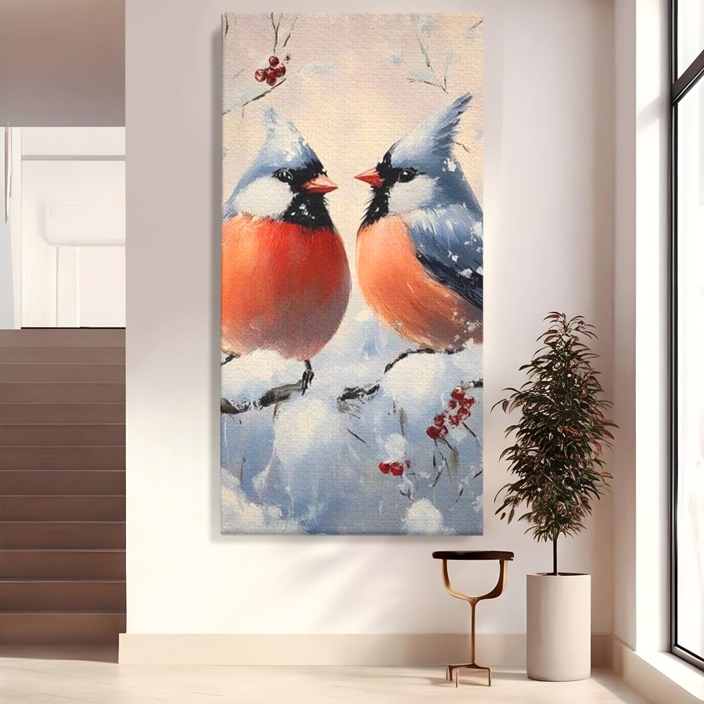 Tablou canvas cu tablou canvas cu doi pasari cardinali in iarna, fara rama, pe sasiu de lemn
