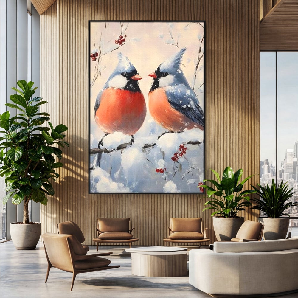 Tablou canvas cu tablou canvas cu doi pasari cardinali in iarna, in rama de aluminiu negru, pe perete intr-un birou