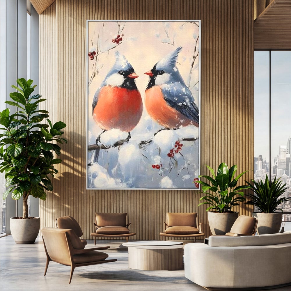 Tablou canvas cu tablou canvas cu doi pasari cardinali in iarna, in rama de aluminiu argintiu, pe perete intr-un birou