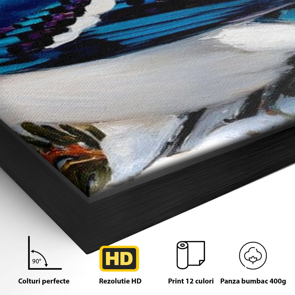 Detaliu al suprafetei: tablou canvas cu pasare albastra pe ramura, in rama de aluminiu negru