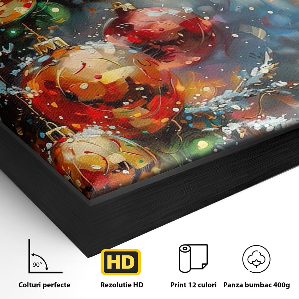 Detaliu al suprafetei: pictura digitala cu globuri de craciun, in rama de aluminiu negru