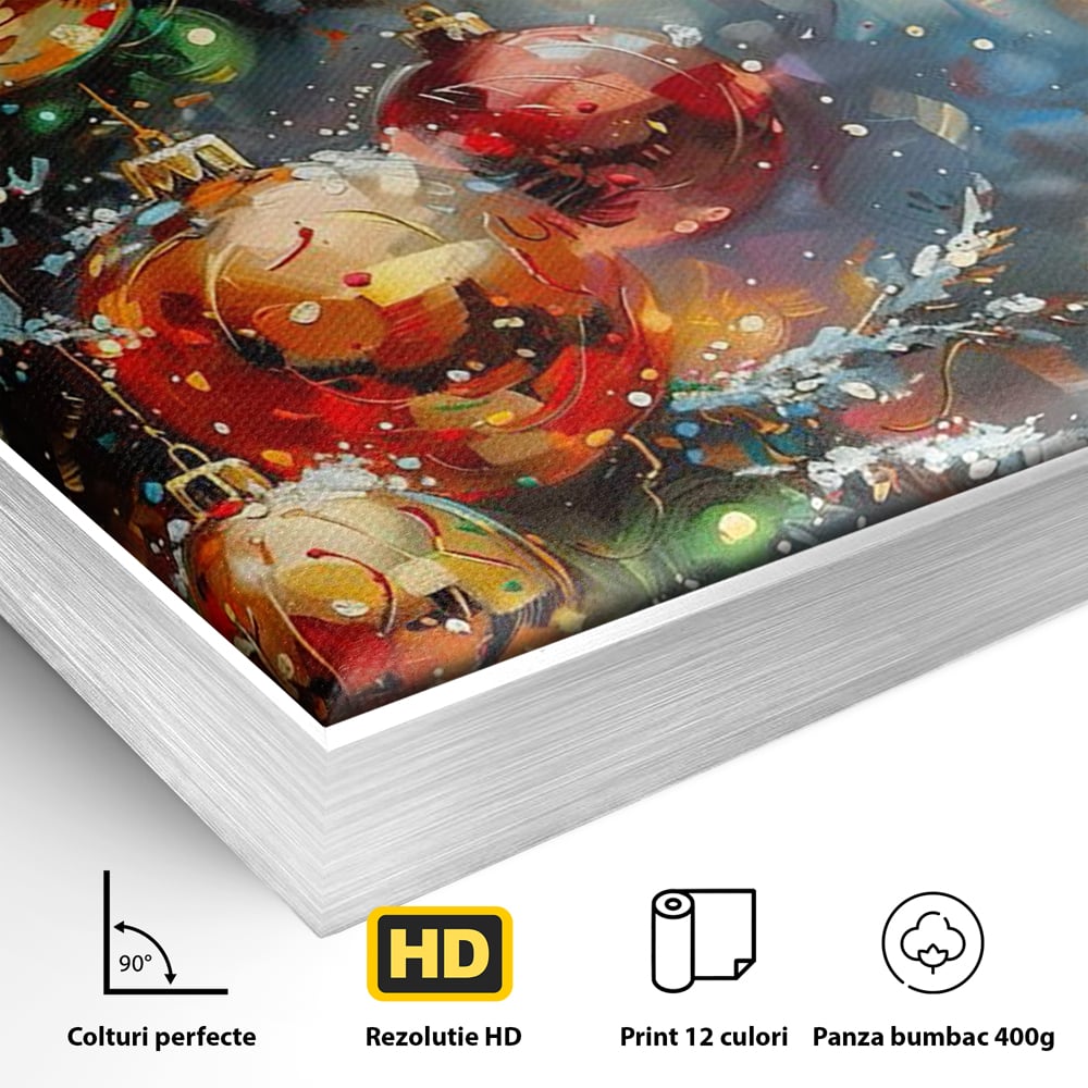 Detaliu al suprafetei: pictura digitala cu globuri de craciun, in rama de aluminiu argintiu