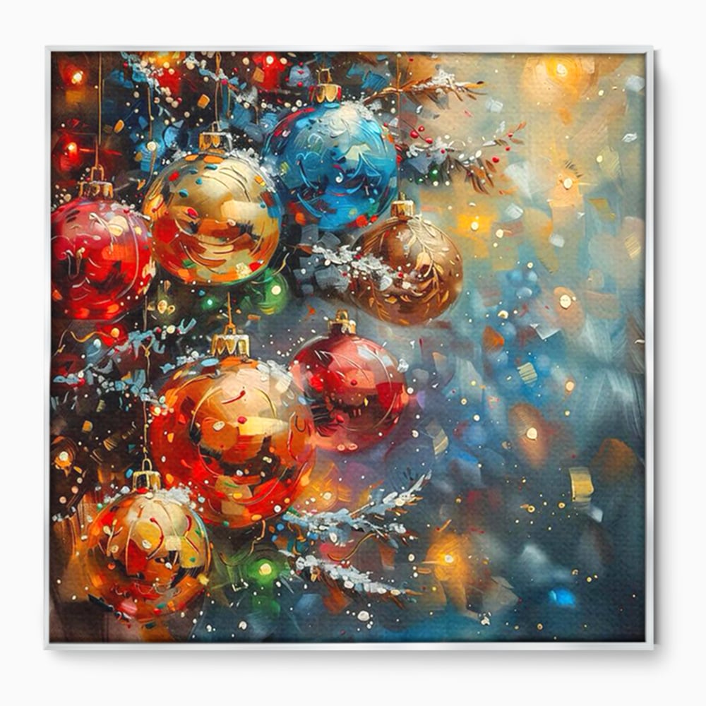 Tablou canvas cu pictura digitala cu globuri de craciun, in rama de aluminiu argintiu