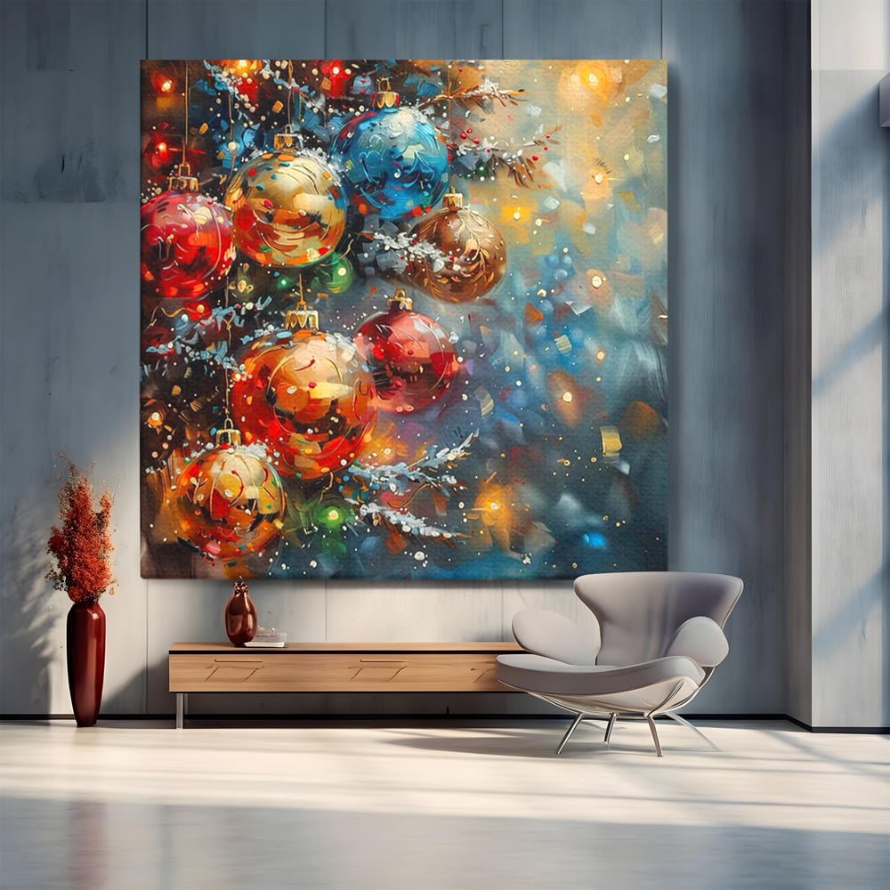 Tablou canvas cu pictura digitala cu globuri de craciun, fara rama, pe sasiu de lemn