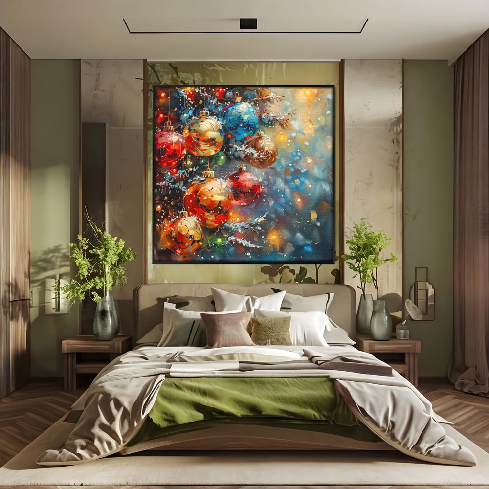 Tablou canvas cu pictura digitala cu globuri de craciun, in rama de aluminiu negru, pe perete intr-un dormitor