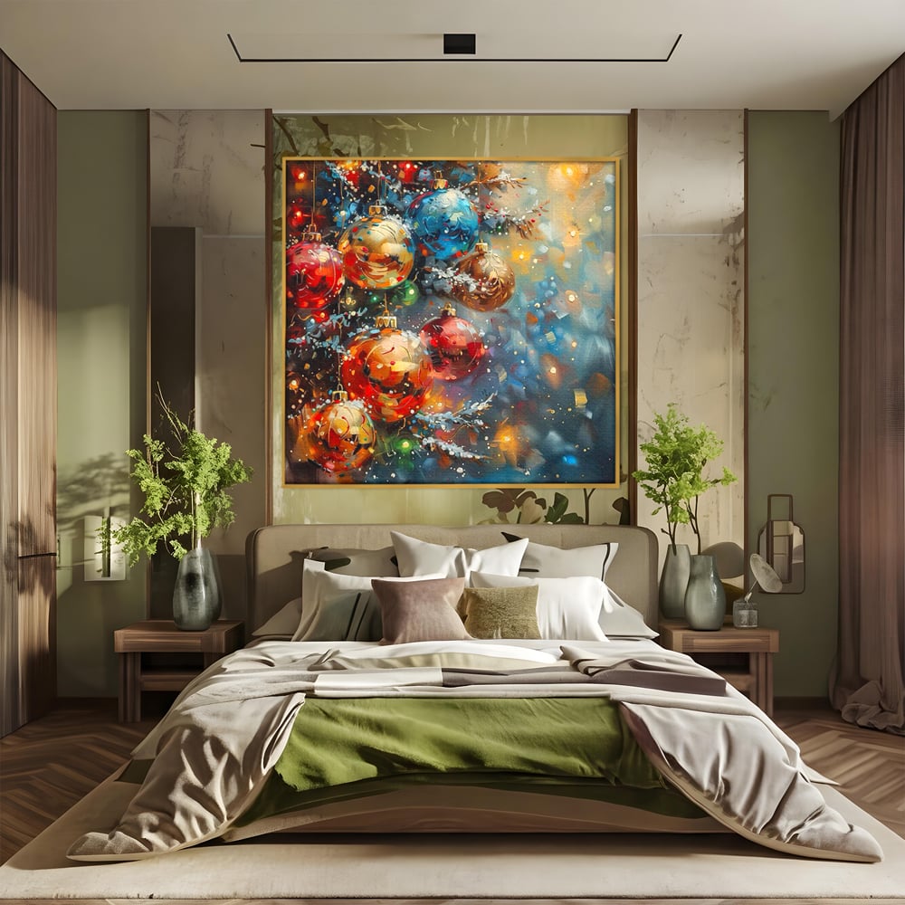 Tablou canvas cu pictura digitala cu globuri de craciun, in rama de aluminiu auriu, pe perete intr-un dormitor