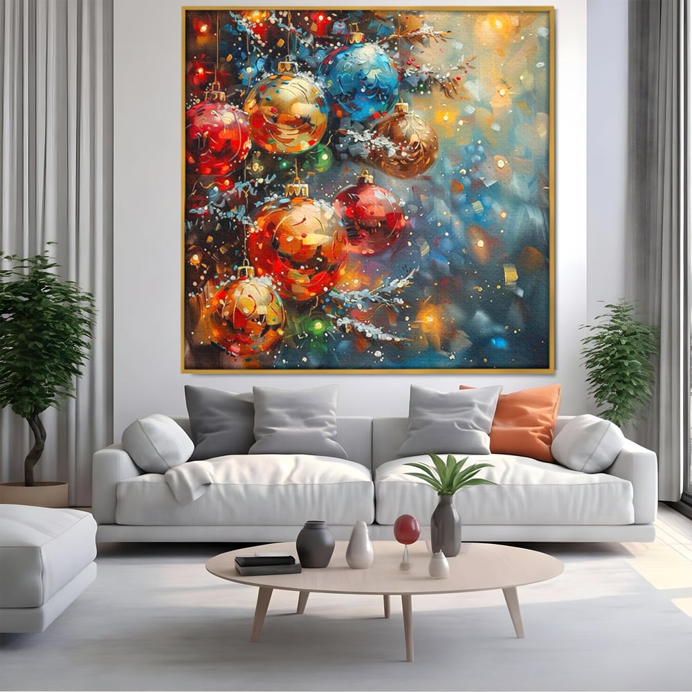 Tablou canvas cu pictura digitala cu globuri de craciun, in rama de aluminiu auriu, pe perete intr-un living