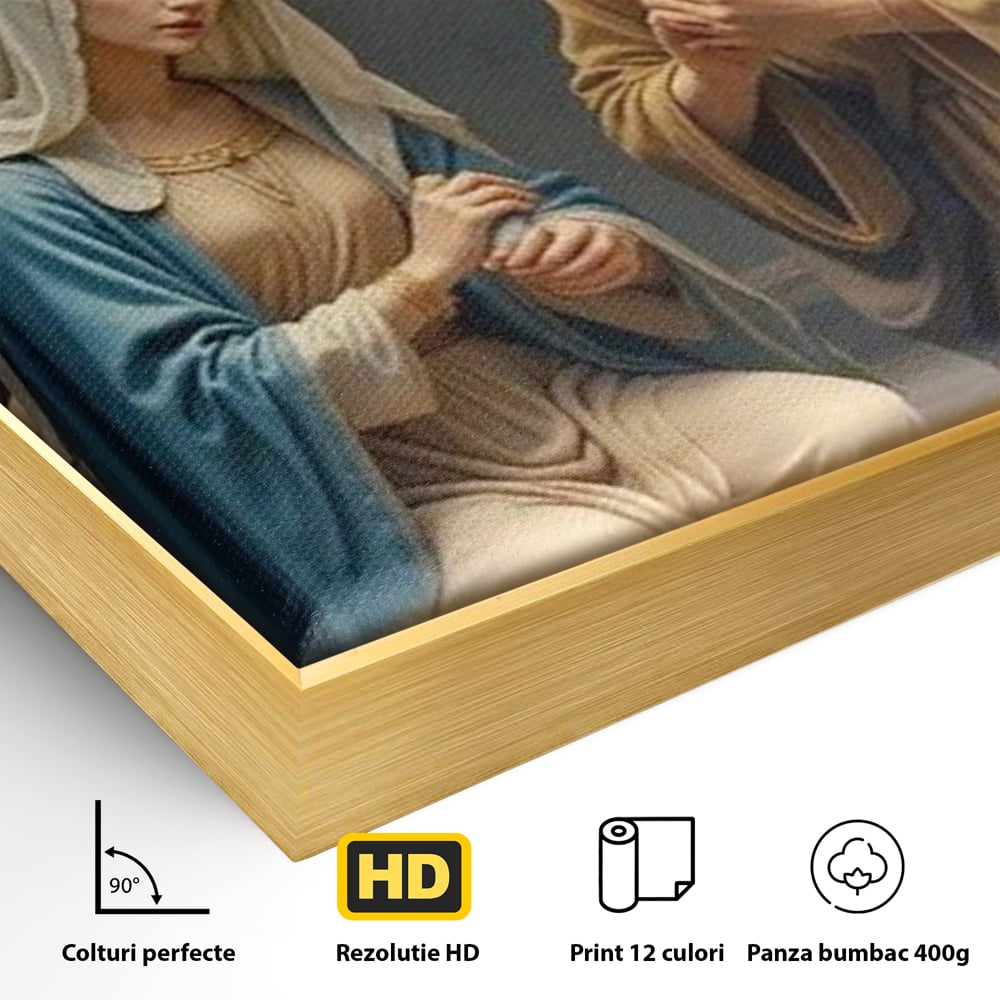 Detaliu al suprafetei: tablou canvas cu sfanta familie si inger, in rama de aluminiu auriu