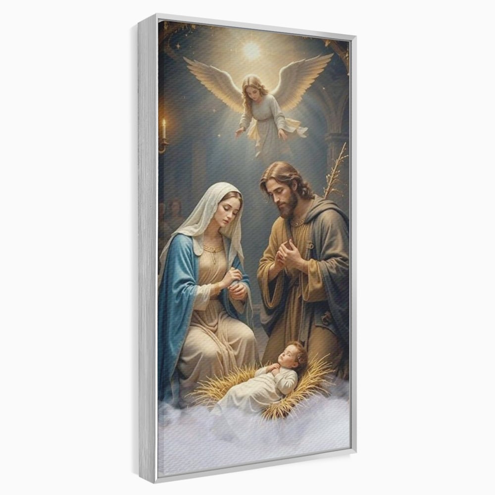Tablou canvas cu tablou canvas cu sfanta familie si inger, in rama de aluminiu argintiu