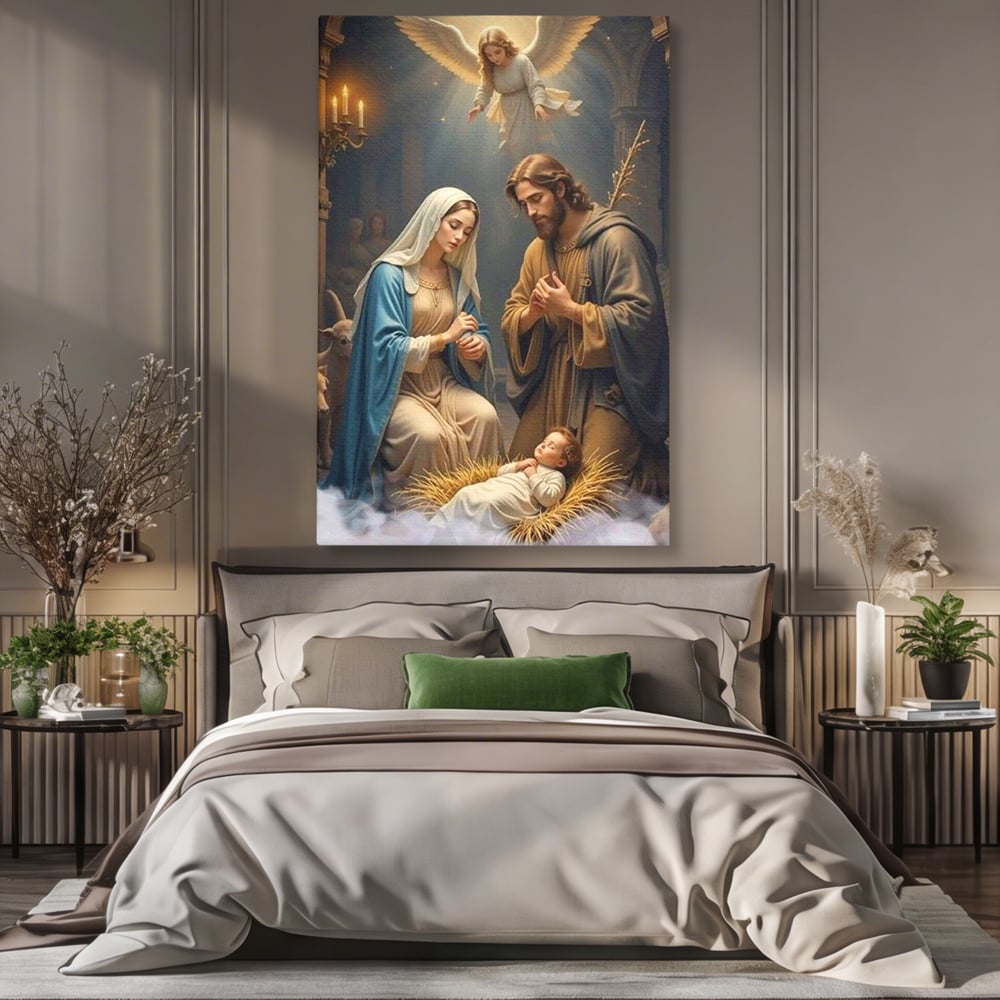 Tablou canvas cu tablou canvas cu sfanta familie si inger, fara rama, pe sasiu de lemn, pe perete intr-un dormitor