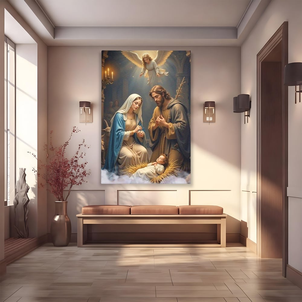 Tablou canvas cu tablou canvas cu sfanta familie si inger, fara rama, pe sasiu de lemn