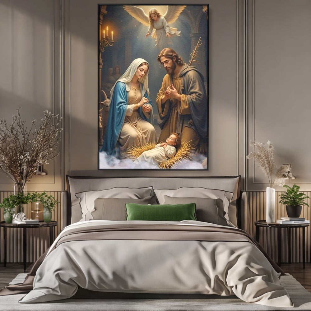 Tablou canvas cu tablou canvas cu sfanta familie si inger, in rama de aluminiu negru, pe perete intr-un dormitor