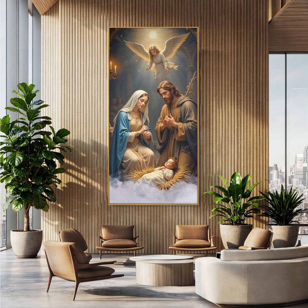 Tablou canvas cu tablou canvas cu sfanta familie si inger, in rama de aluminiu auriu, pe perete intr-un birou